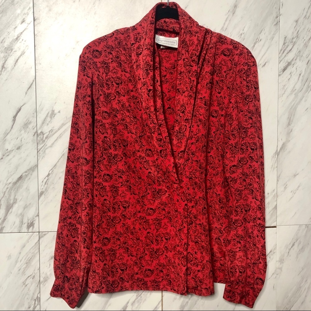 Vintage Floral Draped Shawl Neck Blouse SZ 12